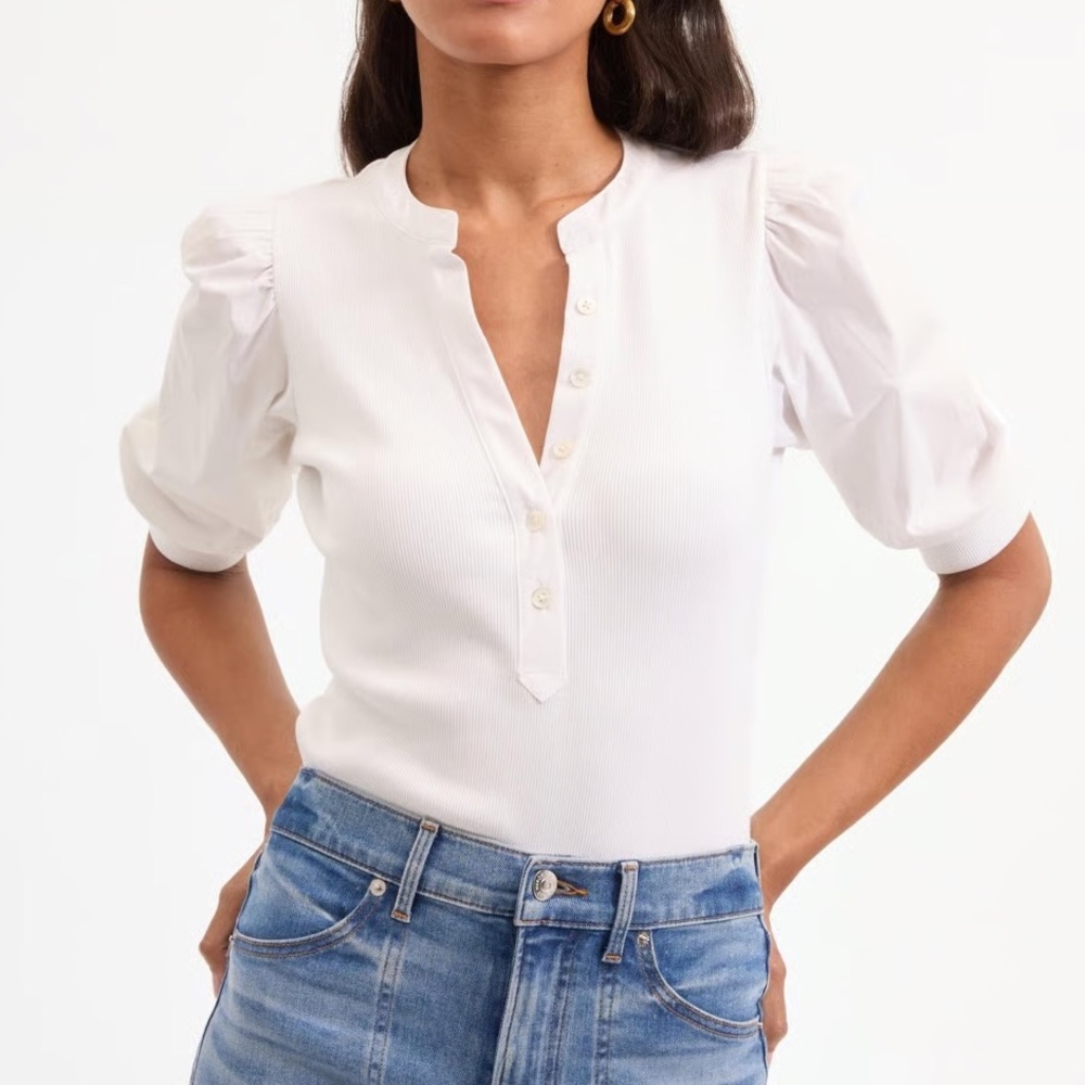 NWT Elie Tahari White Ribbed Poplin Puff Sleeve Henley Top - S